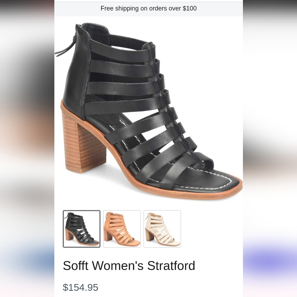 Sofft Stratford Black Leather‎ Gladiator Block Heels Sandals Size 7 M
